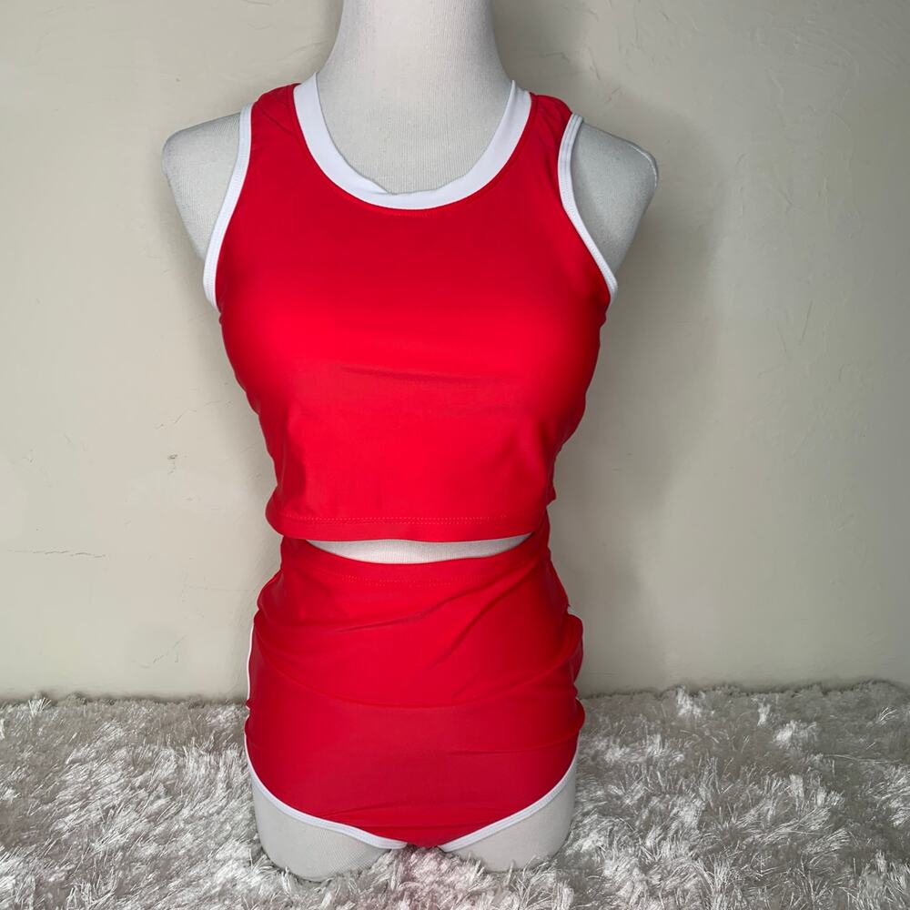 Red White Sporty Two Piece Bikini High Waist Tank Style Sz Small